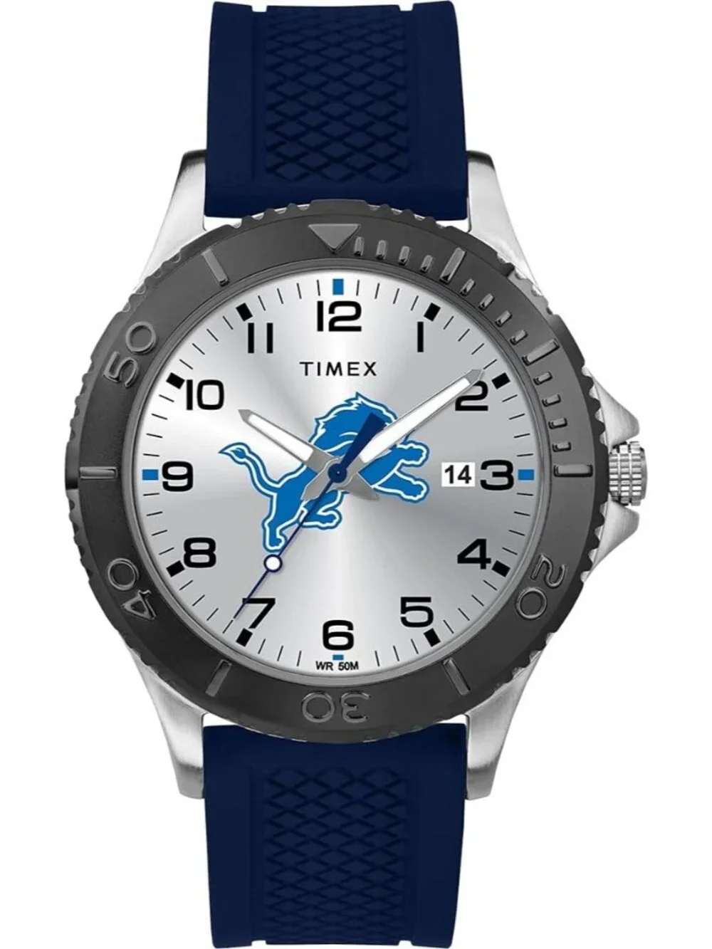Mens Silver Blue Rubber Band Analog NFL Gamer Detroit Lions Luminant Round Watch